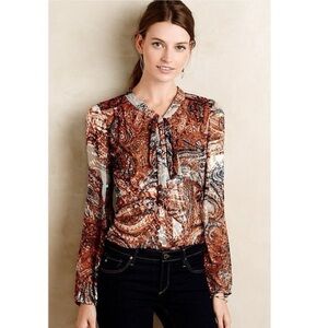 Anthropologie Meadow Rue Briarcliff Tie Neck Blouse Burnished Paisley